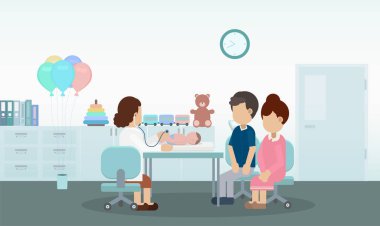 Yeni doğmuş bebek düz tasarım vektör illüstrasyonlu çocuk doktoru.