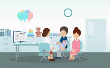 Yeni doğmuş bebek düz tasarım vektör illüstrasyonlu çocuk doktoru.