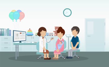 Yeni doğmuş bebek düz tasarım vektör illüstrasyonlu çocuk doktoru.