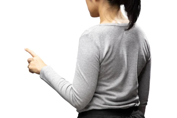 Asiatische Frau Fingerzeig Tragen Graues Shirt Isoliert Auf Weißem Hintergrund — Stockfoto