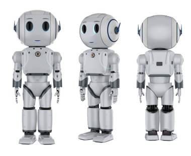 Çizgi film karakteri olan 3 boyutlu sevimli yapay zeka robotları. 