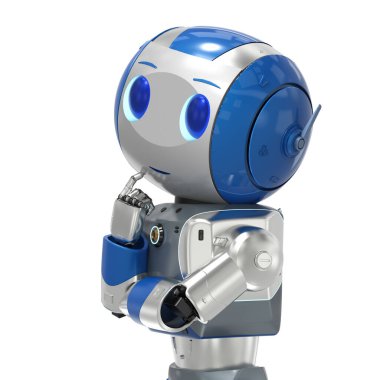 3D görüntüleme sevimli yapay zeka robotu beyaz arka planda izole olduğunu düşünüyor