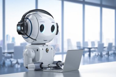 Kulaklık ve defterle çalışan 3D sevimli robotlu otomasyon müşteri hizmeti kavramı