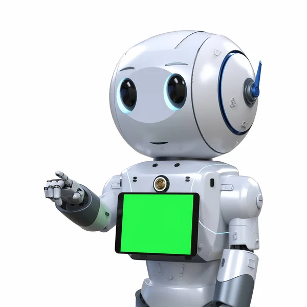 Rendering Cute Artificial Intelligence Robot Finger Point Blank Screen Tablet — Stock Photo, Image