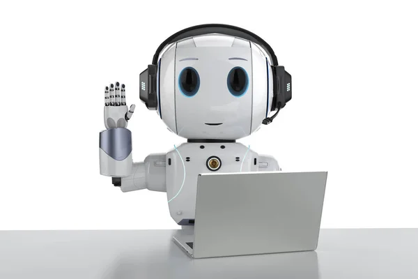 Automation Customer Service Concept Rendering Cute Robot Working Headset Notebook — Stock Photo, Image
