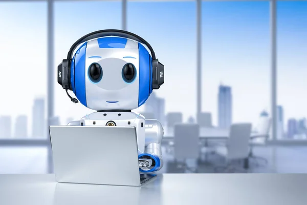 stock image Automation customer service concept with 3d rendering cute robot working with headset and notebook