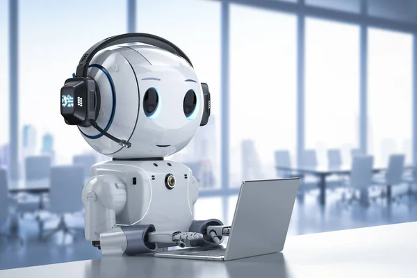 Kulaklık ve defterle çalışan 3D sevimli robotlu otomasyon müşteri hizmeti kavramı