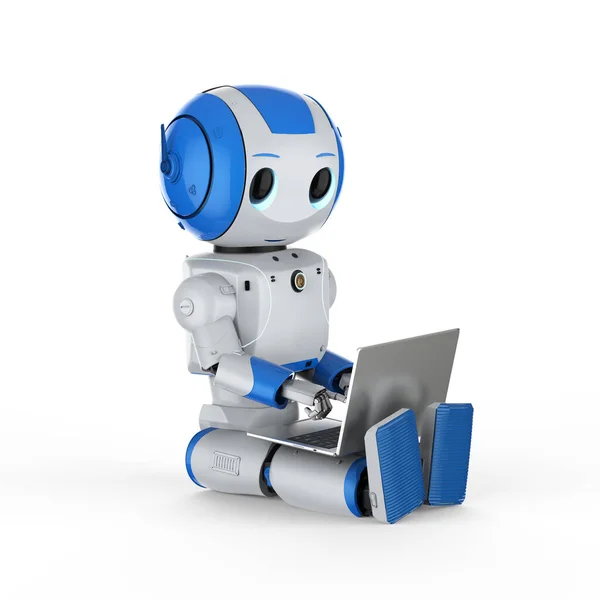 Renderizado Robot Inteligencia Artificial Lindo Con Portátil Ordenador — Foto de Stock