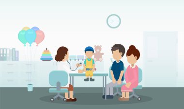 Çocuk düz tasarım vektör illüstrasyonlu çocuk doktoru