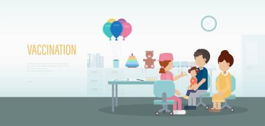 Hemşire ve çocuk düz tasarım vektör illüstrasyonlu aşı pankartı