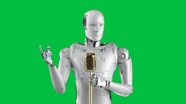 Rendering Robot Lautsprecher Spricht Mit Mikrofon Auf Grünem Hintergrund Filmmaterial — Stockvideo
