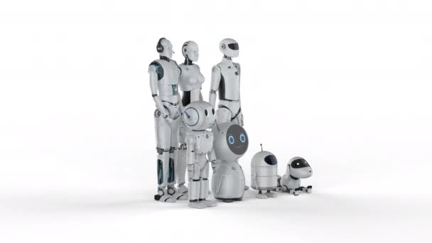 Renderowania Grupy Robotów Automatyki Lub Robota Asystenta Białym Tle Materiał — Wideo stockowe