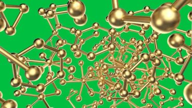 Yeşil ekran 4k görüntüde 3D altın molekül yapısı oluşturuluyor