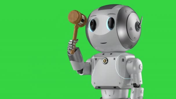 Концепция кибер-права с мини-роботом, держащим судью молотка — стоковое видео
