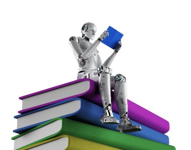 3D insansı robot ve beyaz üzerine izole kitap yığınıyla makine öğrenme kavramı