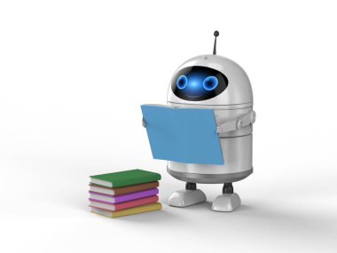 3 boyutlu makine öğrenme kavramı ve kitap okuyan mini robot.