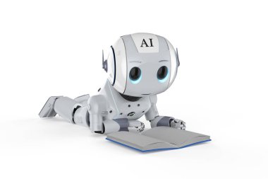3 boyutlu makine öğrenme kavramı ve kitap okuyan mini robot.