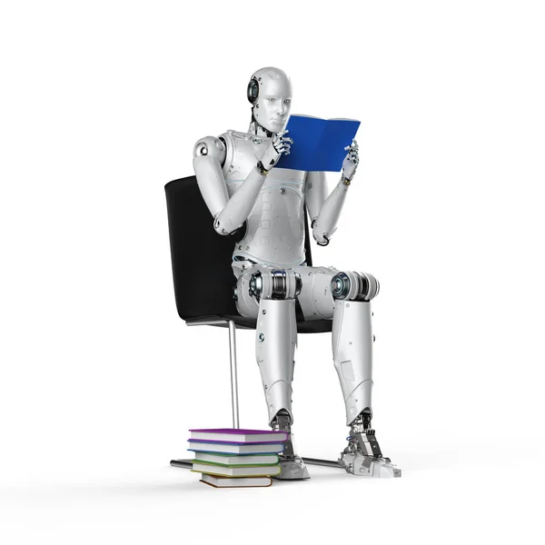 Conceito Aprendizado Máquina Com Robô Humanoide Renderização Pilha Livros Isolados — Fotografia de Stock