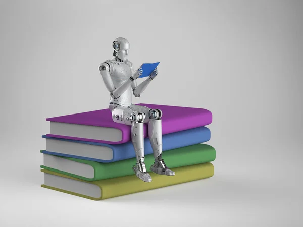 Machine learning concept with 3d rendering humanoid robot and stack of books isolated on white