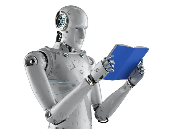 Machine Learning Concept Rendering Humanoid Robot Reading Book Isolated White — Stock Photo, Image