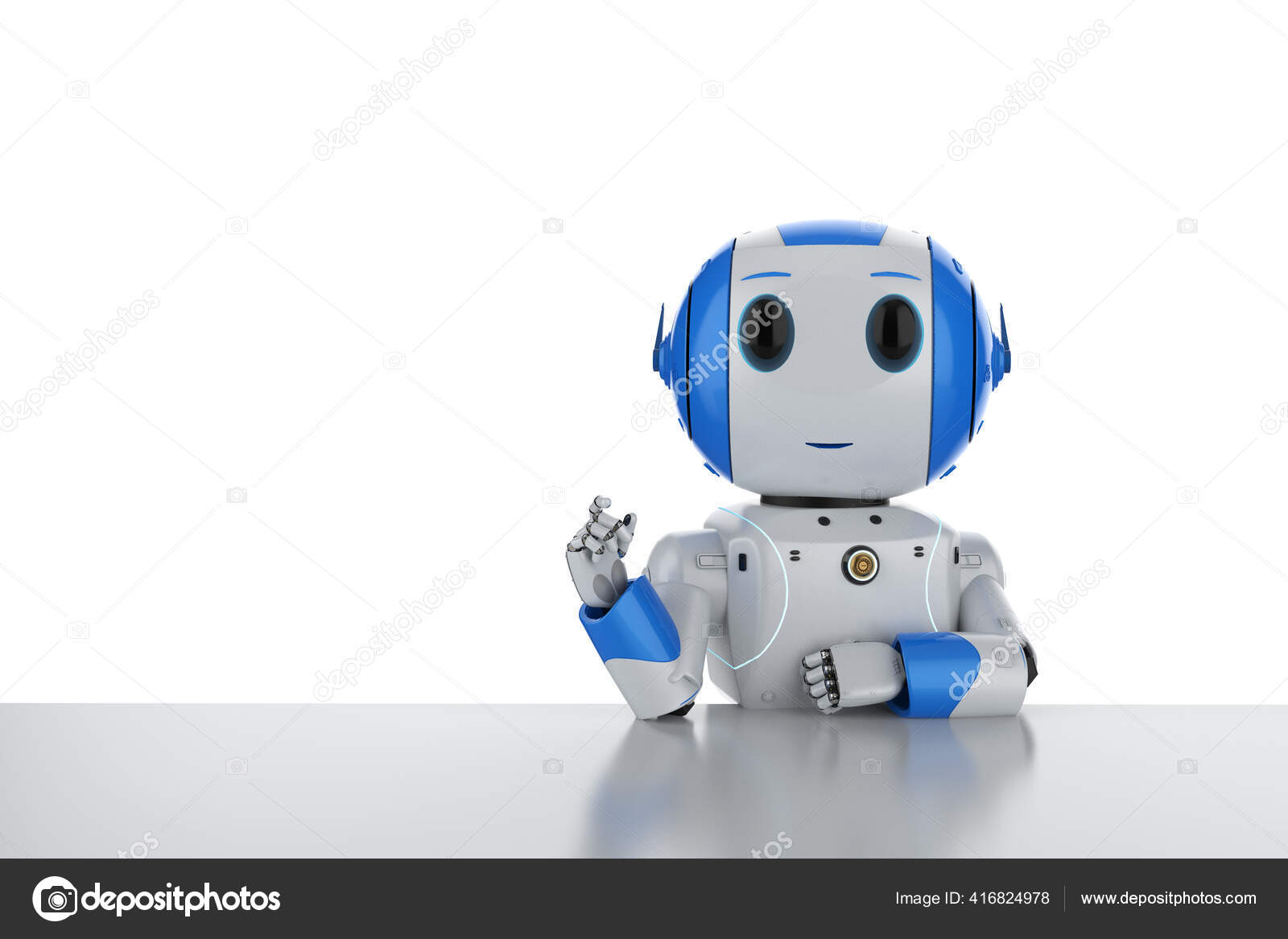 Rendering Barátságos Robot Gondol Vagy Számol Asztalon — Stock Fotó ©  phonlamai #416824978