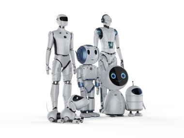 Otomasyon robotları ya da yardımcı robotlar beyaz arkaplanda 3D oluşturuluyor