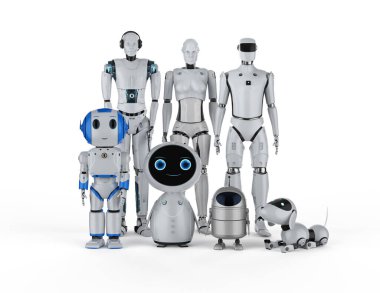 Otomasyon robotları ya da yardımcı robotlar beyaz arkaplanda 3D oluşturuluyor