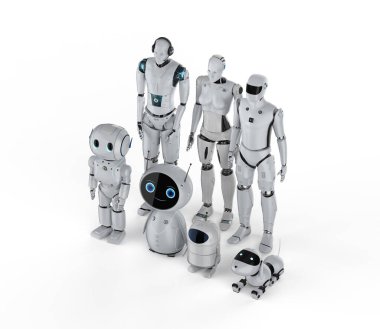 Otomasyon robotları ya da yardımcı robotlar beyaz arkaplanda 3D oluşturuluyor