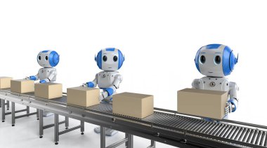 Otomasyon fabrikası konsepti. Fabrikada kutuları olan 3D robotlu tasarım.