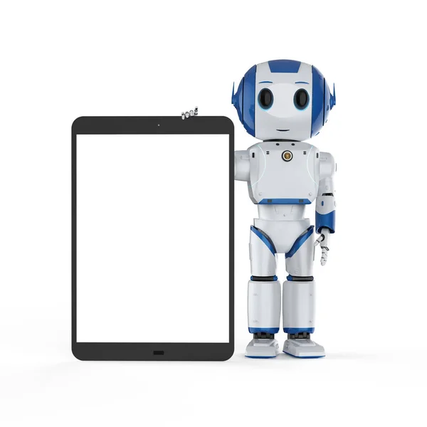 Rendering Cute Artificial Intelligence Robot Blank Screen Tablet — Stock Photo, Image