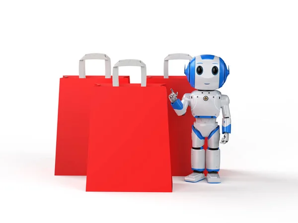 Rendering Cute Artificial Intelligence Robot Red Shopping Bag White Background — Stock Photo, Image