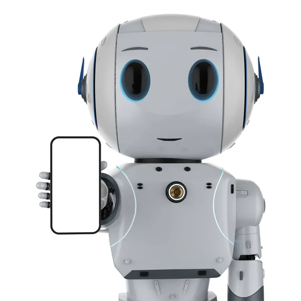 Rendering Robot Met Blanco Scherm Mobiele Telefoon Geïsoleerd Wit — Stockfoto