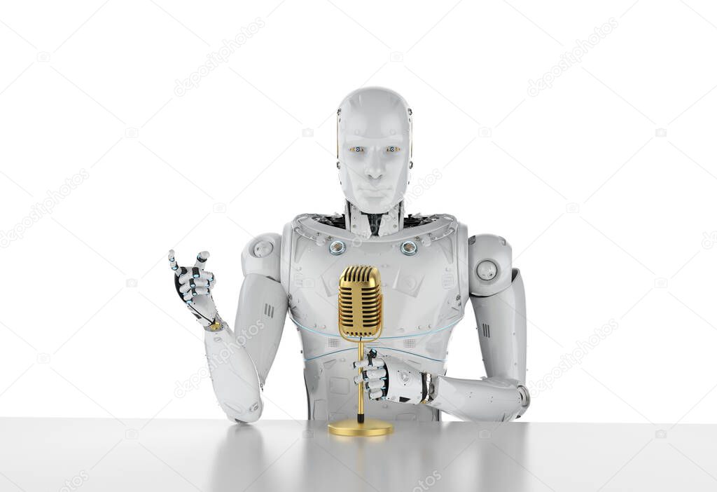 3d rendering robotic public speaker speaking with microphone 