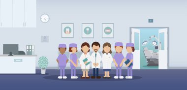Tıbbi personel düz tasarım vektör illüstrasyonlu diş sağlığı kliniği