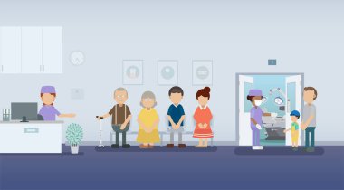 Hastaların düz tasarım vektör illüstrasyonlu diş sağlığı kliniği