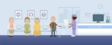 Hastaların düz tasarım vektör illüstrasyonlu diş sağlığı kliniği