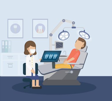 Hasta düz tasarım vektör illüstrasyonlu diş sağlığı kliniği