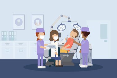 Hasta düz tasarım vektör illüstrasyonlu diş sağlığı kliniği