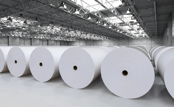 Απόδοση Λευκό Μεγάλα Ρολά Χαρτιού Στο Εργοστάσιο — Φωτογραφία Αρχείου
