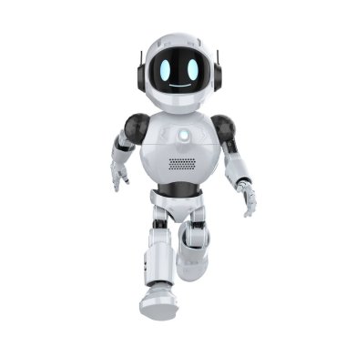 3D görüntüleme şirin ve küçük yapay zeka kişisel asistan robot beyaz arka planda yalnız yürüyor