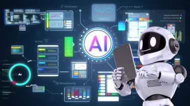 Ai technology with 3d rendering assistant robot with hud graphic interface