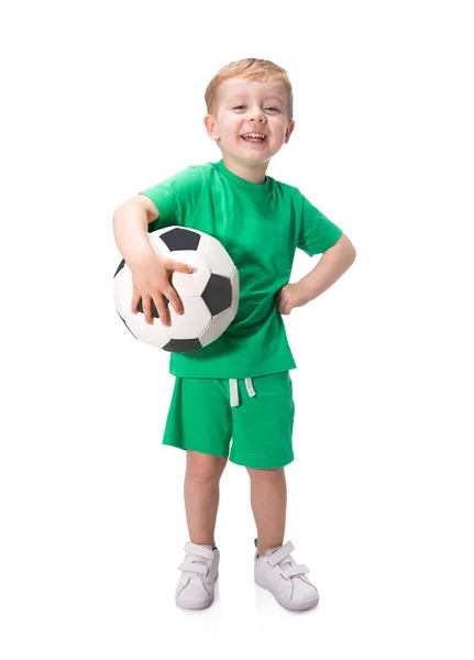 Kid Segurando Uma Bola Futebol Isolada Fundo Branco — Fotografia de Stock