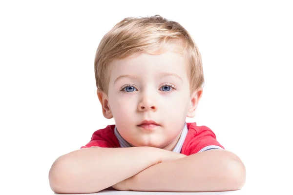 Portret Van Schattige Kleine Jongen Zoek Naar Camera Geïsoleerd Witte — Stockfoto