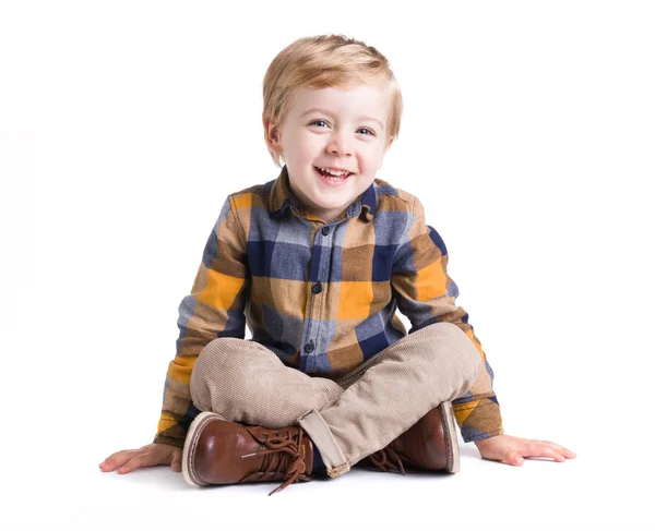 Adorable Little Kid Seated Floor Isolated White Bacground — Stock Photo, Image