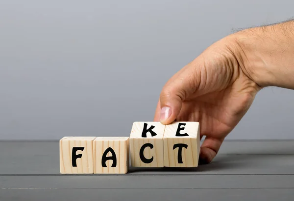 Fact or Fake concept, Hand flip wood cube change the word.