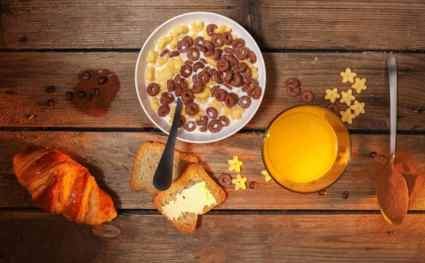 Top view of breakfast on rustic table Stock Image
