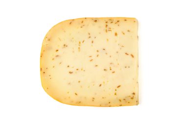 gouda bir kısmı beyaz zemin üzerine izole kimyon peynir ile