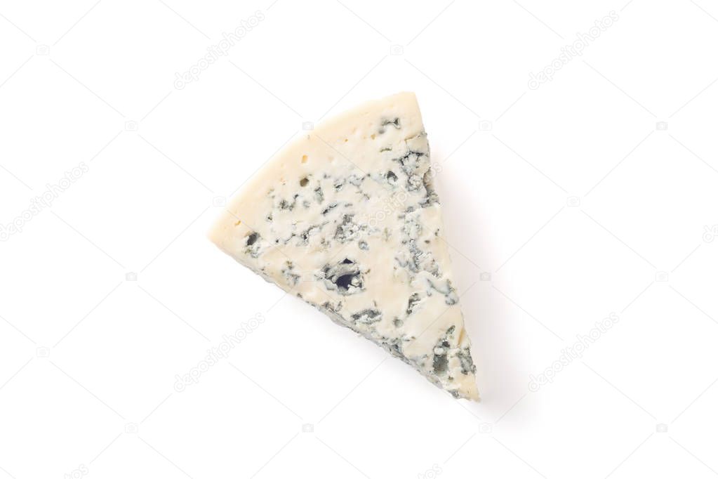 Wedge of soft blue cheese with mold isolated on white background. Top view