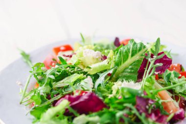 Taze salata yeşil ve mor marul, domates ve salatalık Beyaz ahşap zemin üzerine kapatın. Sağlıklı gıda.