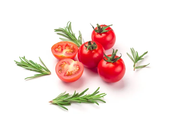 Frisch Gepflückte Tomaten Und Ein Rosmarinzweig Isoliert Auf Weißem Hintergrund — Stockfoto